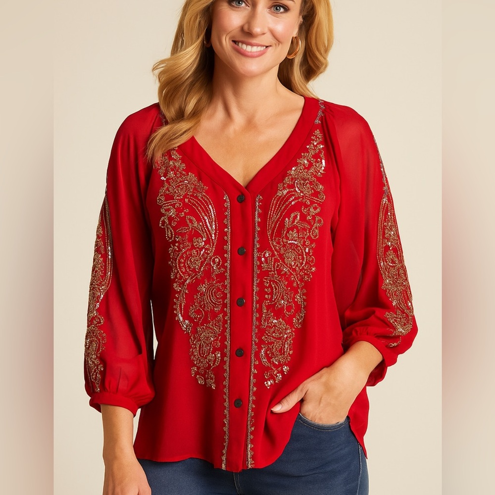 Vintage Collection Red & Gold Handwoven Beaded Blouse- New